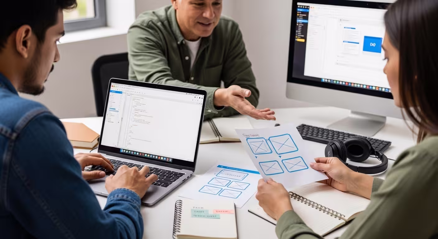 Three adults work with code and interface wireframes during a practical digital skills training session with mentor guidance.