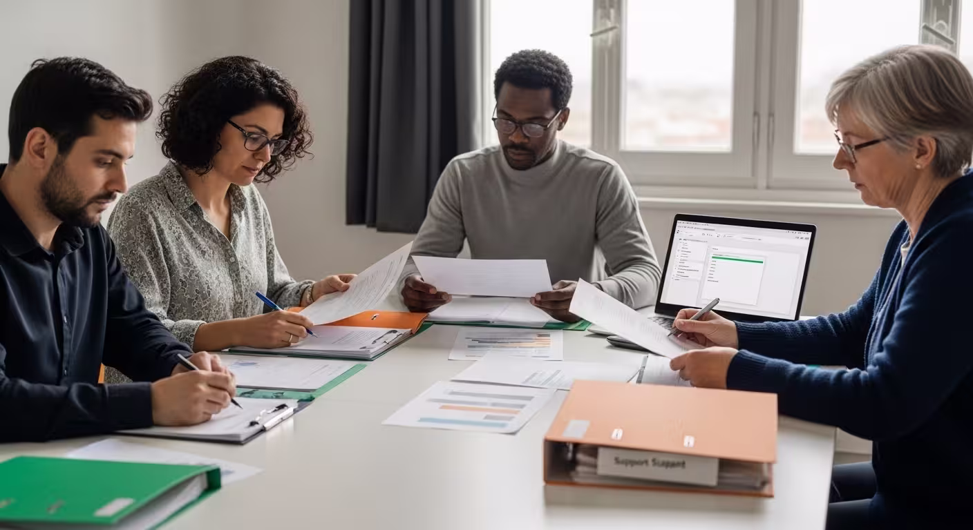 Four adults review documents and support plans around a table in a calm workspace, reflecting transparent long-term support.