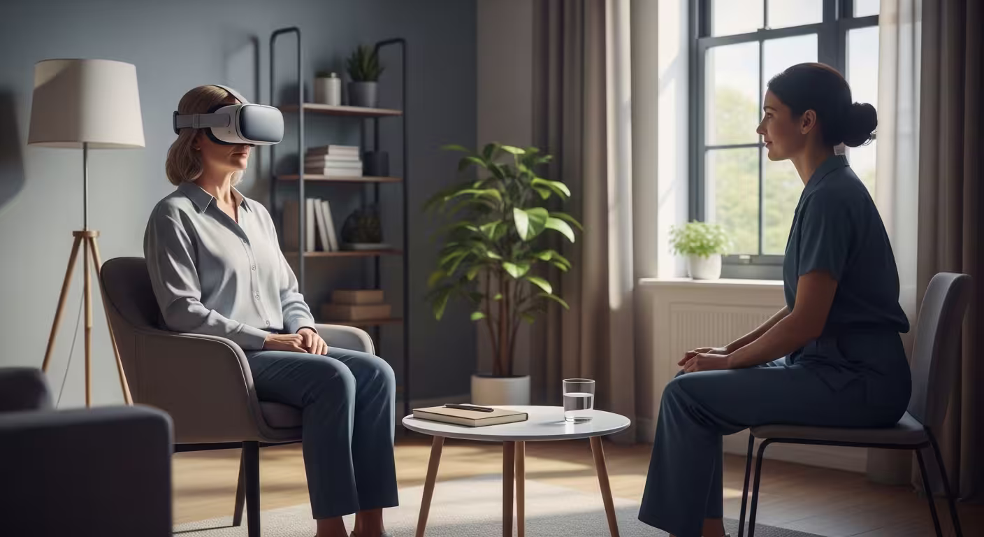 Woman using a VR headset during a guided support session in a calm room with a facilitator nearby.