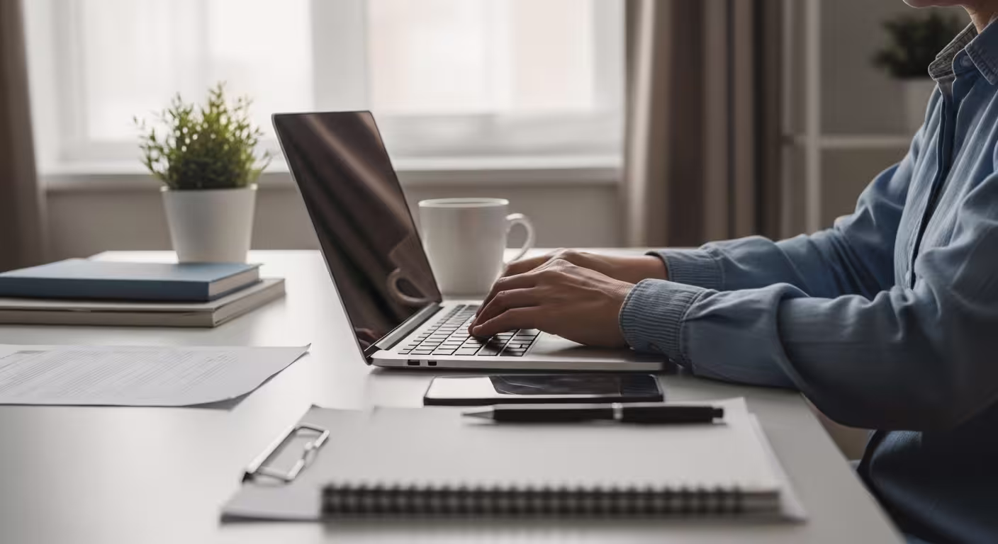 Person using a laptop at a clean desk with papers, notebook, phone, mug, and books in a calm bright workspace.