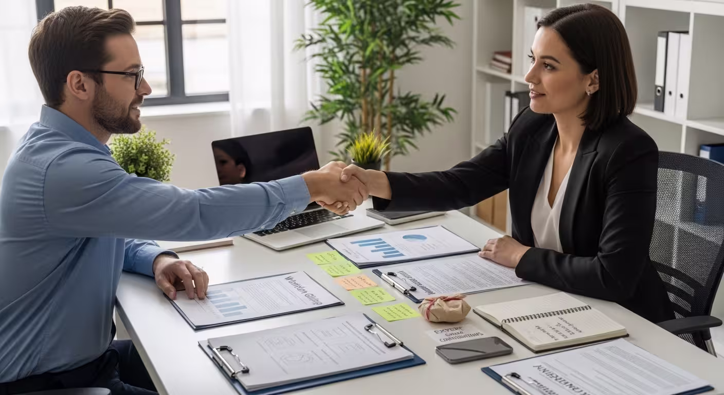 Two professionals shaking hands across a meeting table with documents, folders, and a laptop during a corporate support discussion.