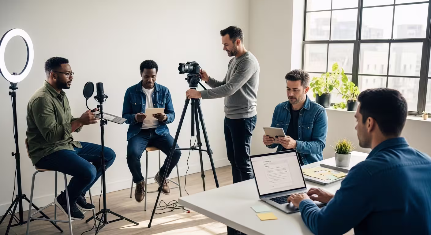 Five creators in a bright studio preparing a collaborative recording session with a camera, microphone, tablets, and laptop.