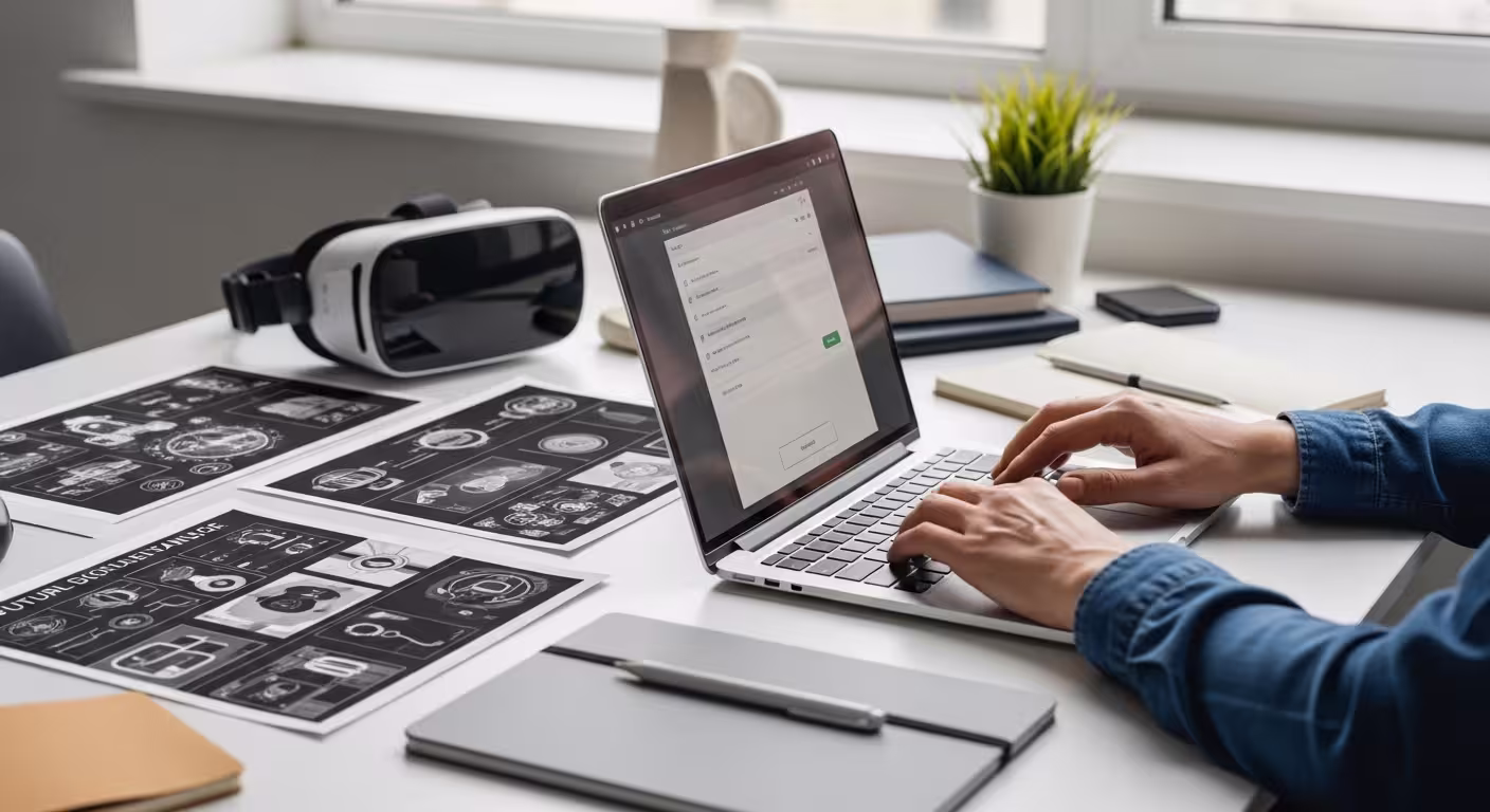 Person using a laptop beside a VR headset and concept sheets in a bright workspace, reflecting support for Paradox Nova and future recovery-focused programs.