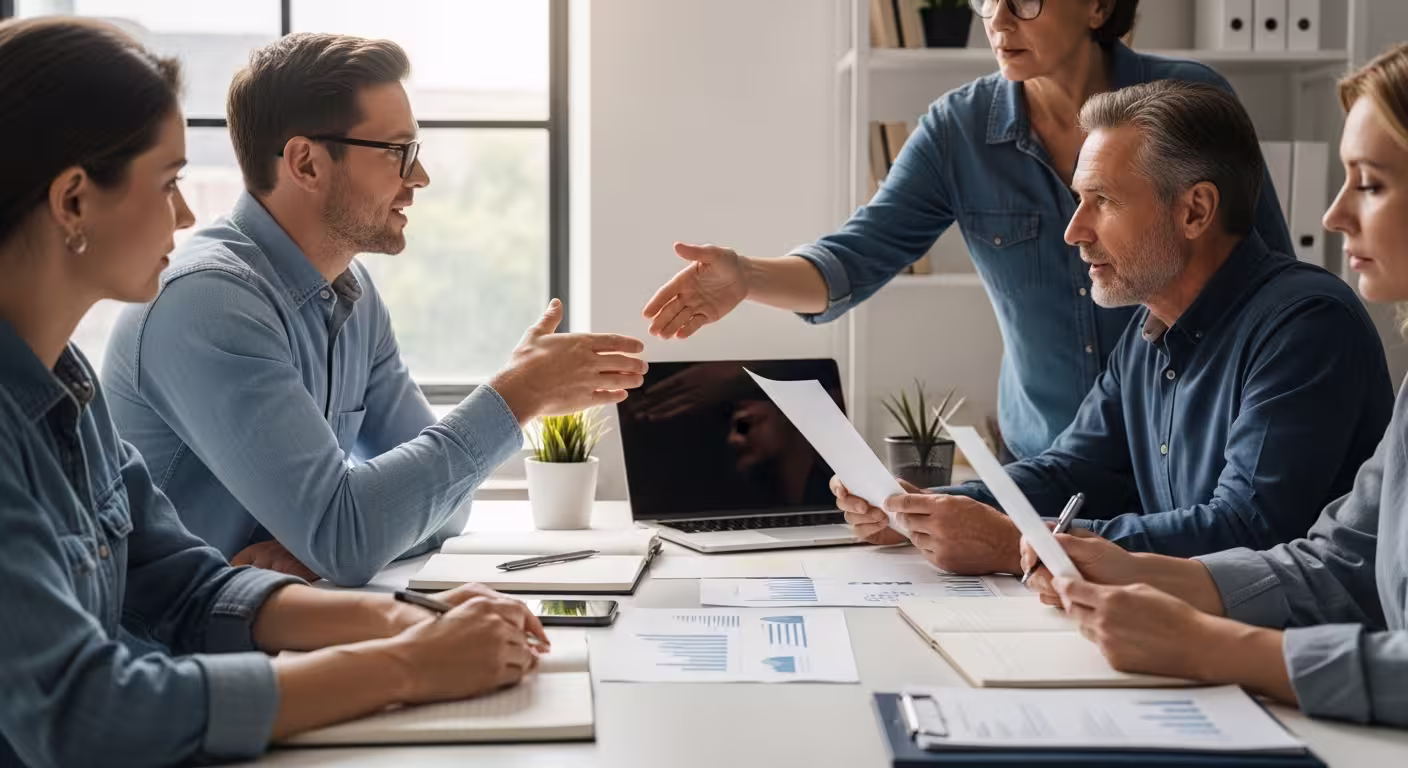 Small team in a bright office discussing documents around a table during a calm and open working meeting.