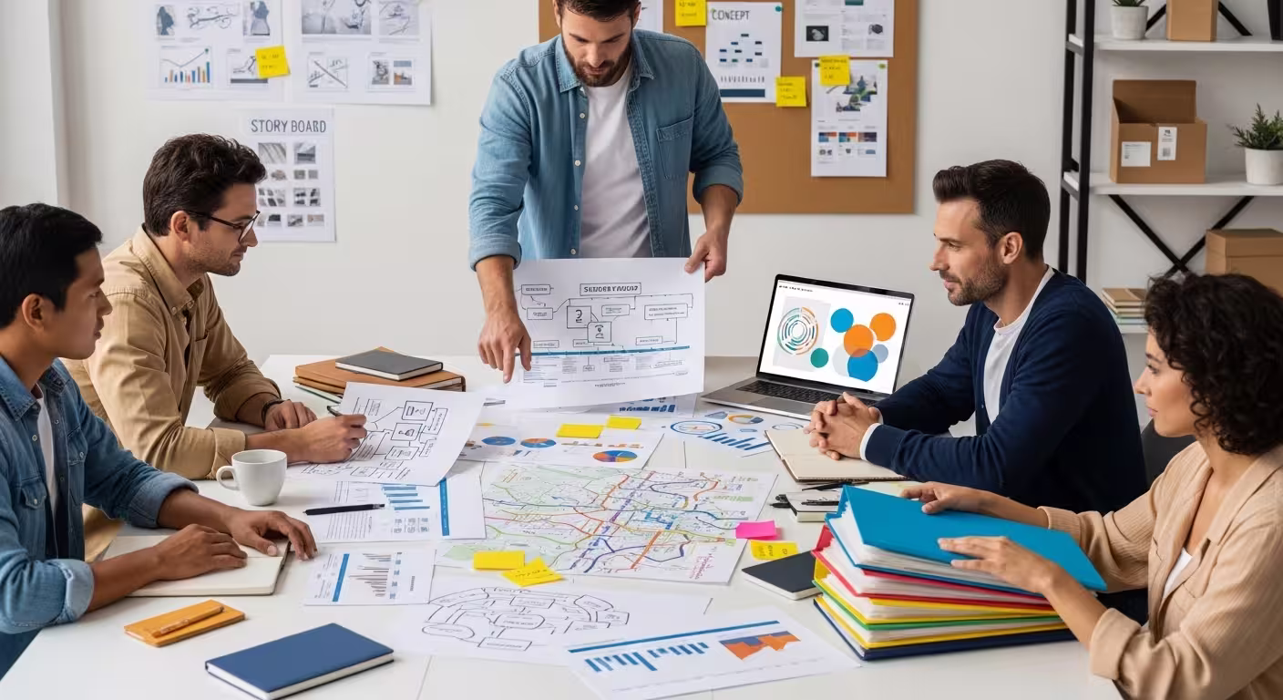 Team reviews diagrams, charts, and storyboard materials around a table while planning a new funding model for long-term impact.