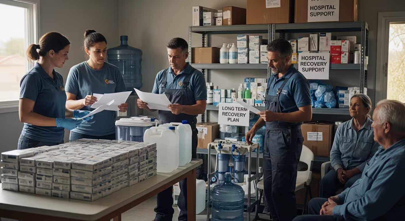Team members review practical support plans beside medical supplies, water containers, and filtration equipment in a community aid space.