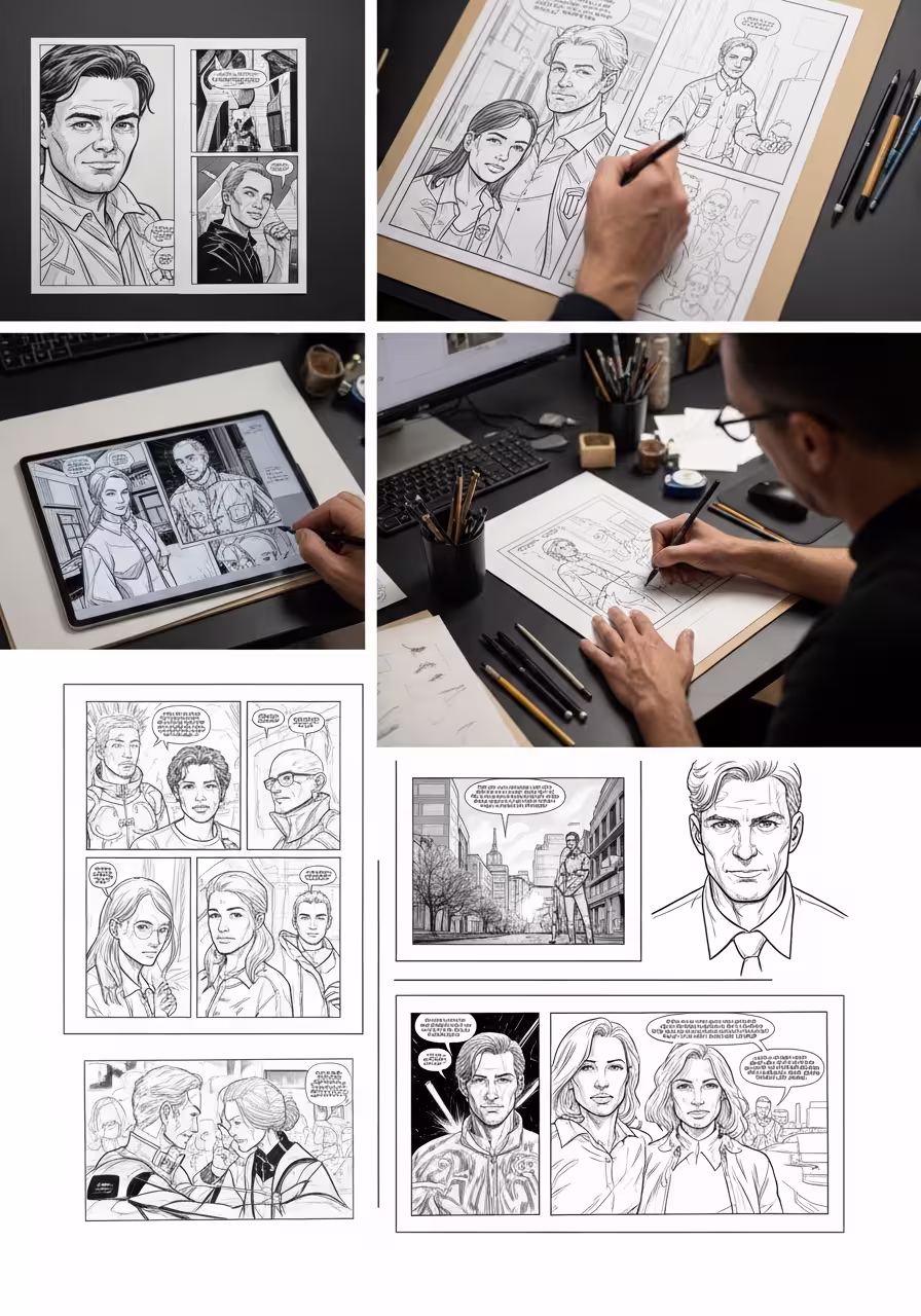 Collage of hand-drawn comic pages, panel sketches, and artists refining characters and layouts for Invasion.