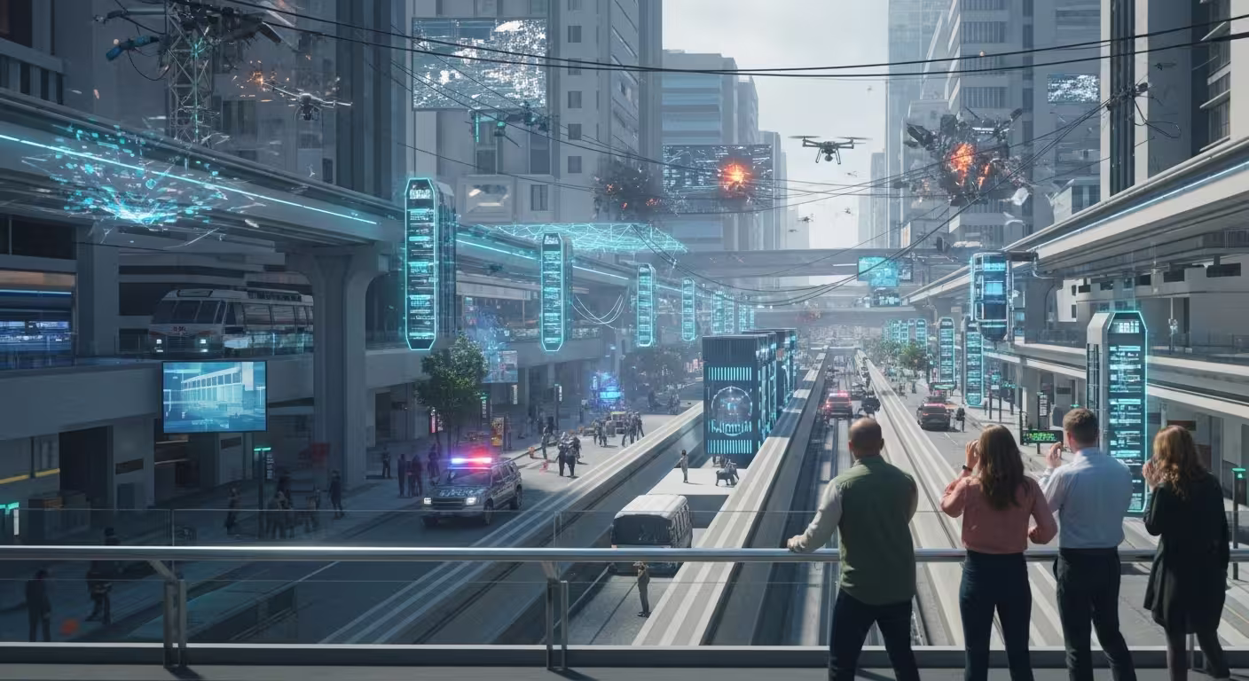 Civilians overlooking a near-future transit corridor as drones, damaged infrastructure, and disrupted public systems signal the opening crisis in Invasion.