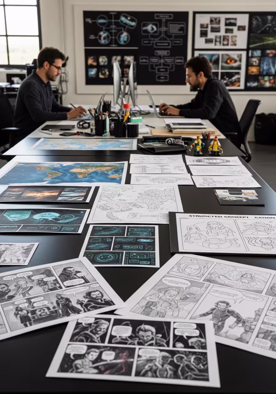 Studio workspace with creators developing maps, concept boards, and comic pages that extend Paradox Nova beyond its first entry point.