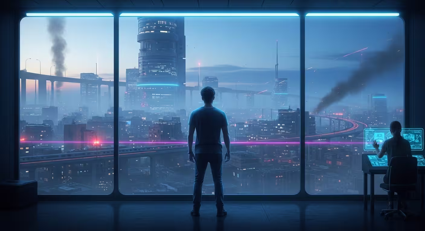 Person standing before a panoramic futuristic city under pressure while another figure works at a holographic interface in the background.
