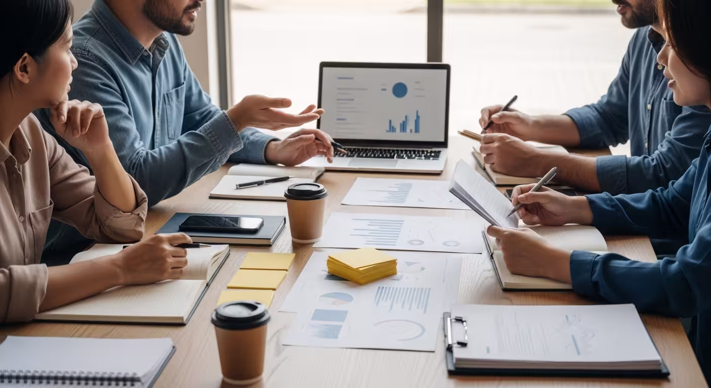 Small group gathered around a table with a laptop, printed charts, notebooks, sticky notes, and coffee cups while planning a fundraising initiative together.