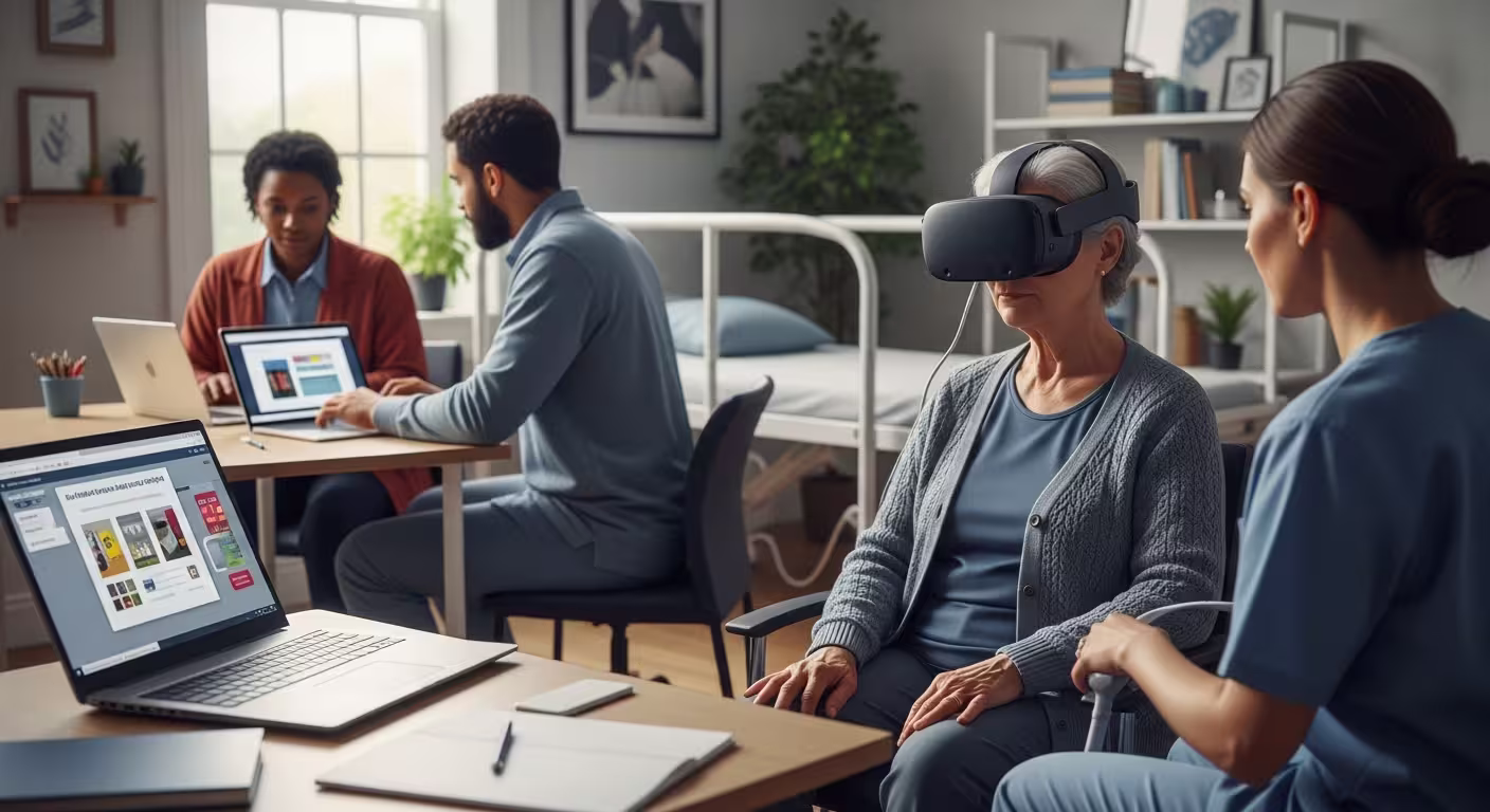Older woman using a VR headset with a facilitator nearby while other adults work on digital skills training in the same support space.