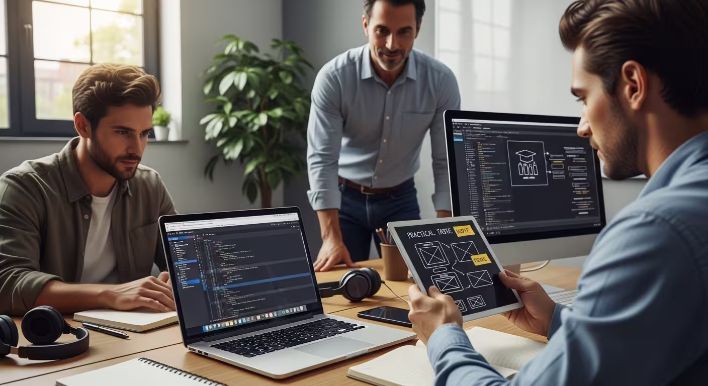 Three adults work with code and interface layouts during a practical digital skills training session with mentor guidance.