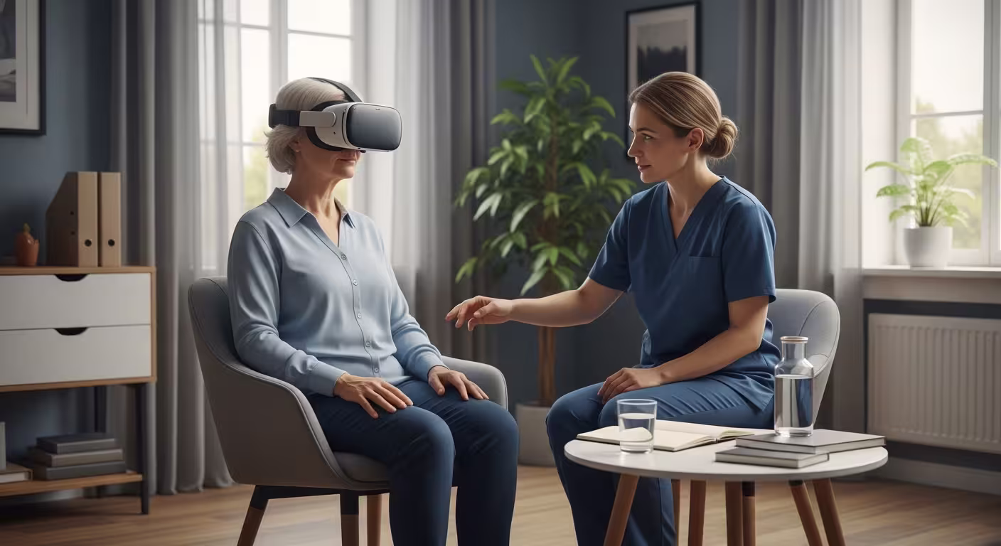 Older woman using a VR headset during a guided support session in a calm room with a facilitator nearby.