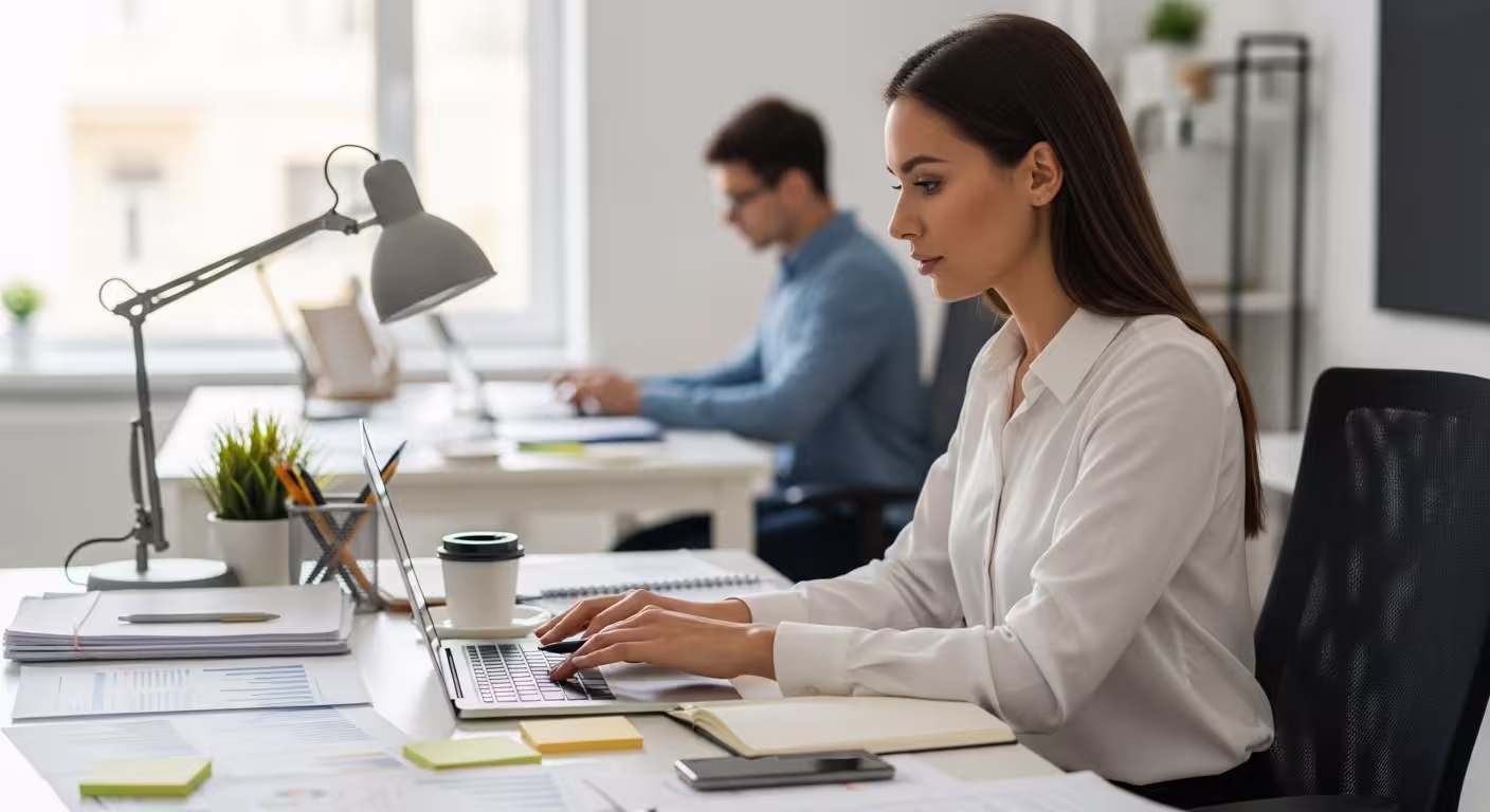 Woman working at a laptop in a bright office with documents, notes, and a coffee cup while a colleague works in the background.