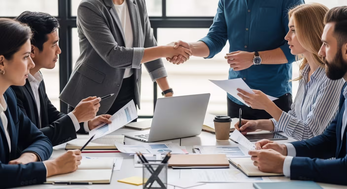 Group of professionals around a meeting table as two participants shake hands beside a laptop, printed charts, notebooks, and partnership documents.