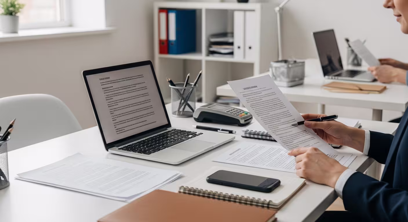 Person reviewing printed documents at a clean office desk with a laptop, notebook, phone, and folders in a bright workspace.