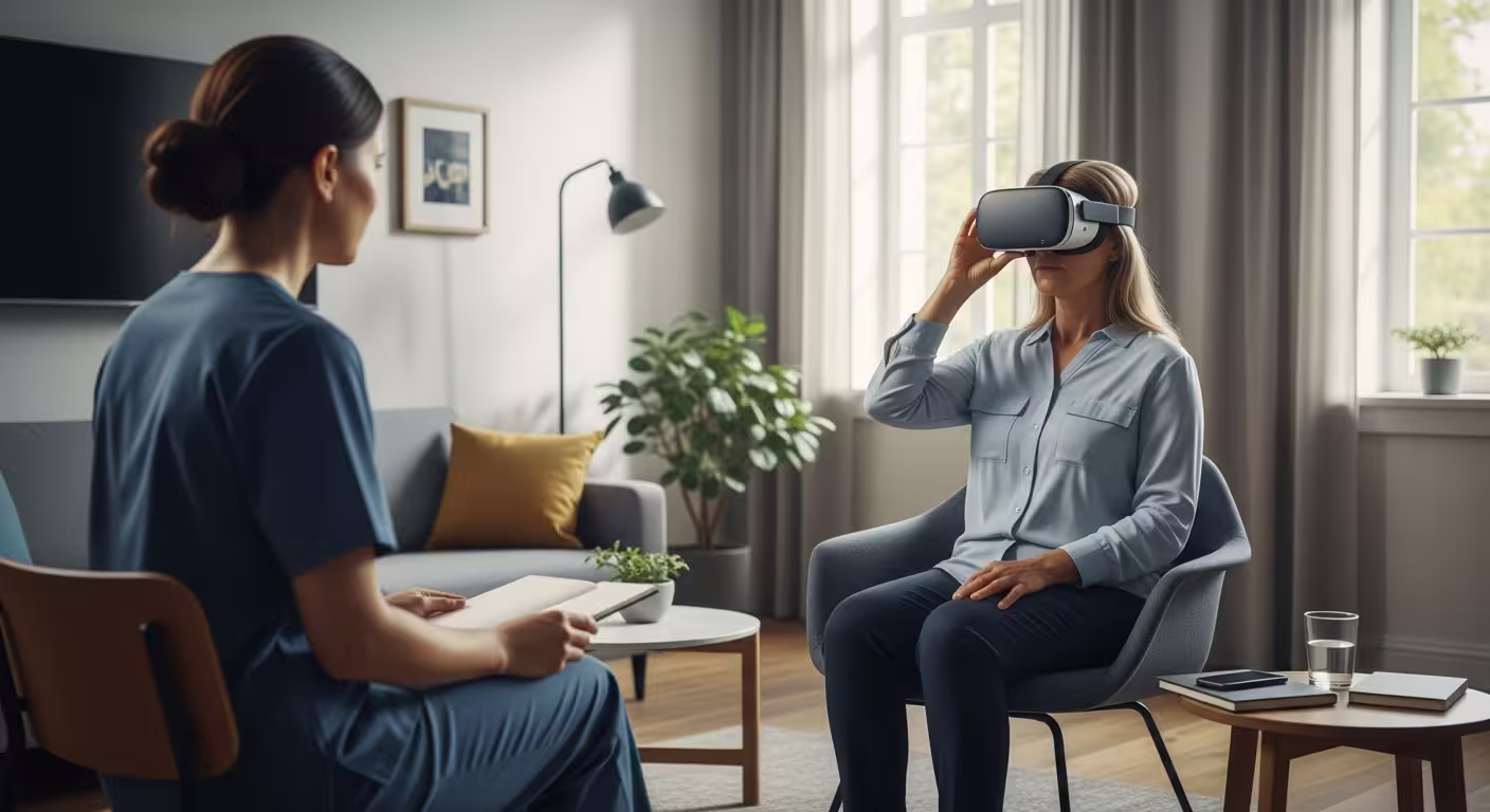 Woman using a VR headset during a guided support session in a calm room with a facilitator nearby.