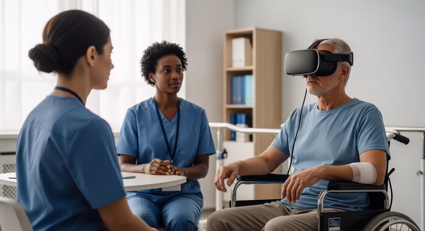 Older man seated in a wheelchair wearing a VR headset in a calm rehabilitation room while two clinicians support the session nearby.